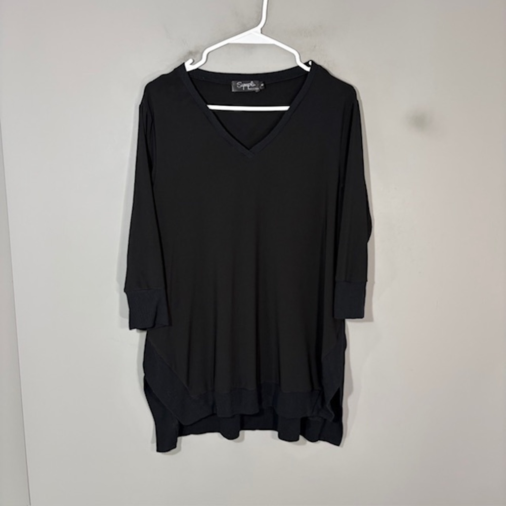 Sympli Tunic Womens 8 Black Jersey V Neck 3/4 Sleeve Relaxed Casual Hi Low Top